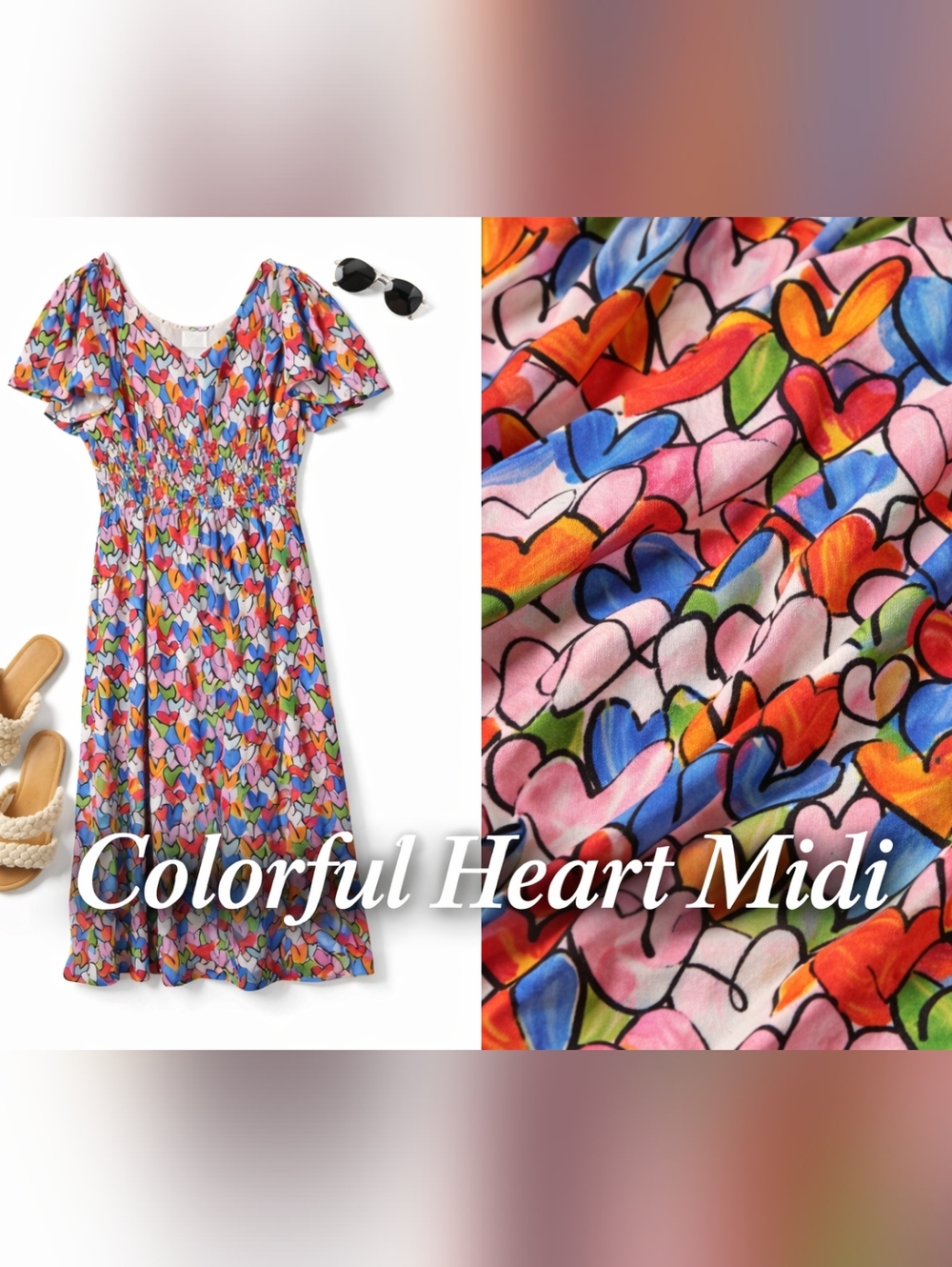 Wayward Fancies Heart Print Midi Dress Size Small 4 Smocked Waist Colorful